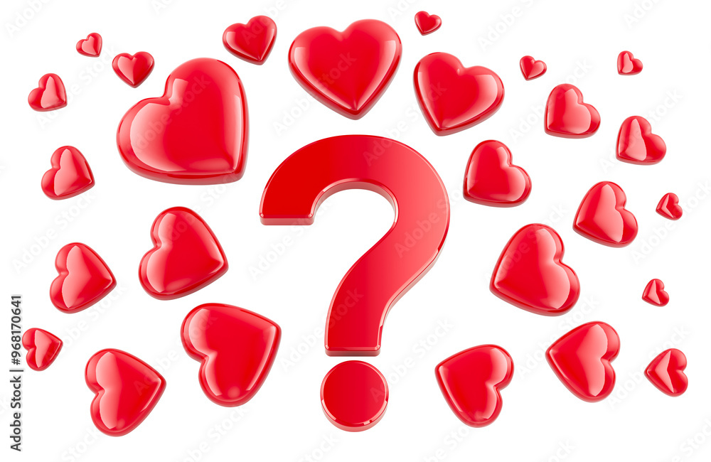 Poster question mark with many red hearts, 3d rendering isolated on transparent background