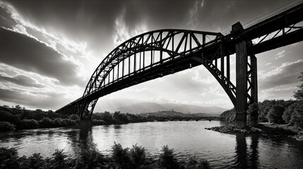 Naklejka premium Generative AI, A dramatic sunset over a river, highlighting the silhouette of multiple arched bridges against the sky, with reflections on the water creating a powerful and serene scene in a black-and