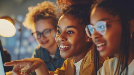 Women working together on a computer at night in an office for teamwork, planning, or design. A collaborative team focused on an online project or strategic proposal