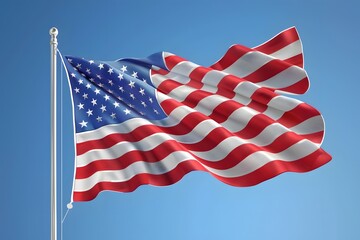 Obraz premium Vibrant American Flag Waving Against a Clear Blue Sky