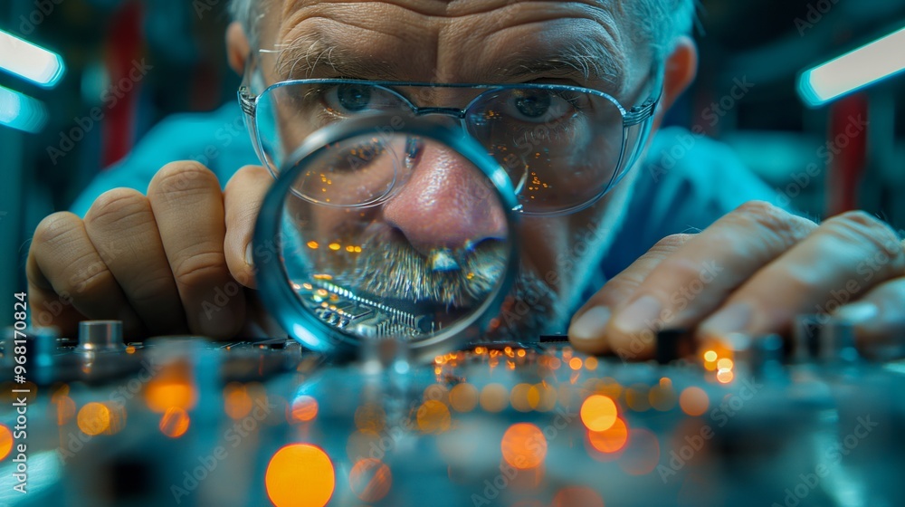 Aufkleber engineer examines a circuit board through a magnifying glass, ensuring precision in the workspace.