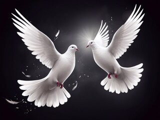 Two white doves of peace on a dark background. Realistic art. Peace antiwar symbol illustration. International Peace Day banner card design