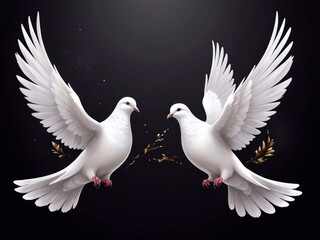 Fototapeta premium Two white doves of peace on a dark background. Realistic art. Peace antiwar symbol illustration. International Peace Day banner card design