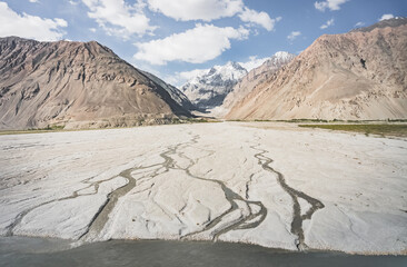 A panorama of the mountain landscape of the Wakhan Corridor and the Panj River in the valley with...