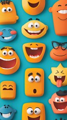 Playful flat emoji faces illustrating excitement and celebration, with expressive eyes, raised eyebrows, and joyful expressions, perfect for festive messaging