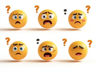 Obraz premium Collection of confused and puzzled emoji faces in flat design, featuring furrowed brows, tilted heads, and subtle question marks, in a clean, geometric style
