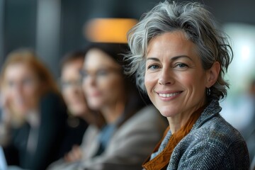 Engaging Woman Smiling at a Meeting with Colleagues in the Background