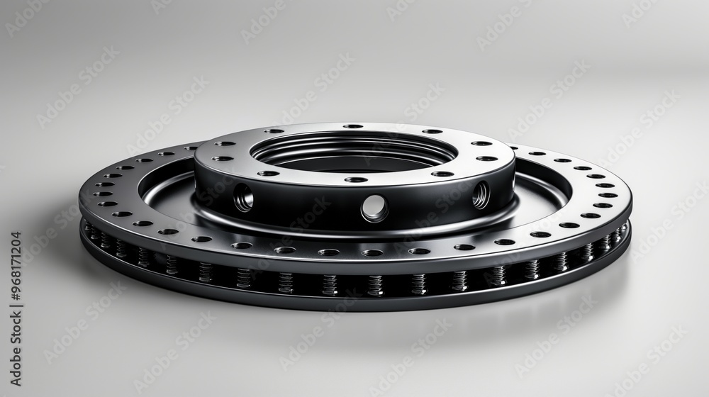 Poster a detailed close-up of a metallic mechanical part with circular design and multiple components.