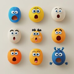 Obraz premium Emoji faces in flat design showing surprise and shock, with wide eyes and open mouths, each face rendered with minimal shading and bright colors