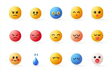 Obraz premium Collection of flat-style emoji faces depicting sadness, from a single tear to full-on crying, with smooth, simple lines and soothing color palettes