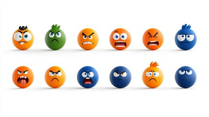 Set of flat emoji faces representing angry and upset emotions, with bold lines and sharp details, perfect for modern communication apps