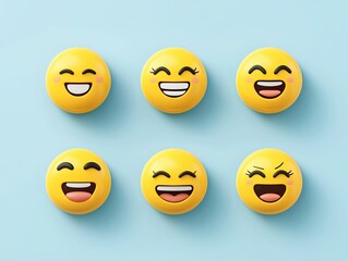 Fototapeta premium Flat-style emoji faces showing different levels of happiness, including soft smiles, broad grins, and subtle smirks, designed in a playful and colorful manner