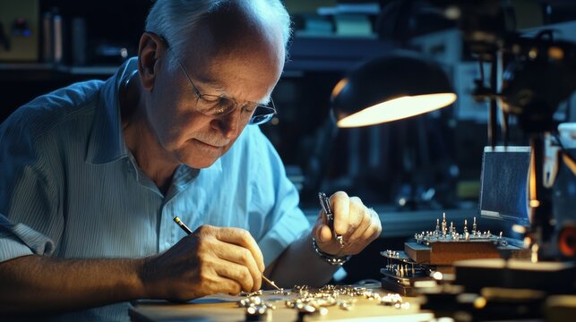 Elderly craftsman meticulously working on intricate watch components in a well-lit workshop at night