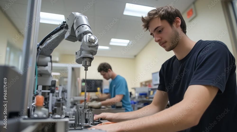 Poster young engineers collaborating in a modern laboratory to develop robotics and automation technology i