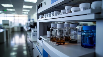 A modern laboratory with glassware, vials, and equipment, showcasing a clean and organized environment.