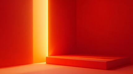 Modern 3D Red Podium on Bright Orange Background with Glowing Light, Minimalist Style Product Display and Mockup. Generative Ai