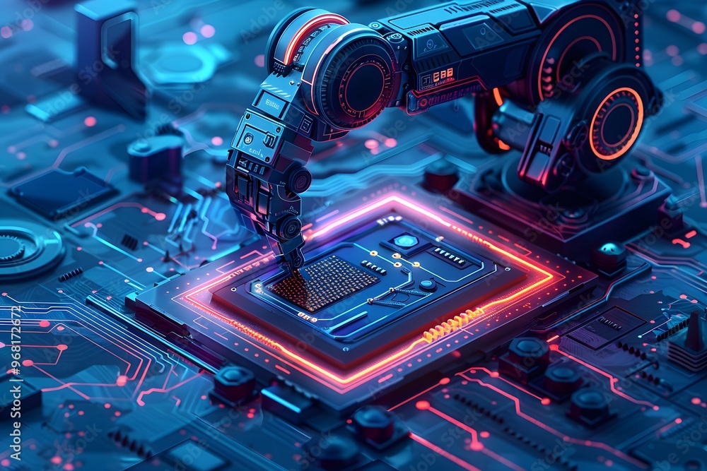 Aufkleber futuristic robotic arm assembling a microchip on a neon circuit board