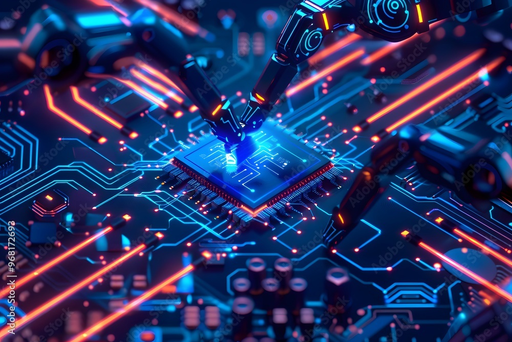 Aufkleber futuristic robotics interacting with a circuit board