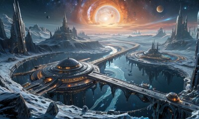 Fototapeta premium Futuristic Sci-Fi Space City Landscape