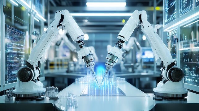 An advanced chemistry synthesis lab with automated robotic arms and digital reaction monitoring