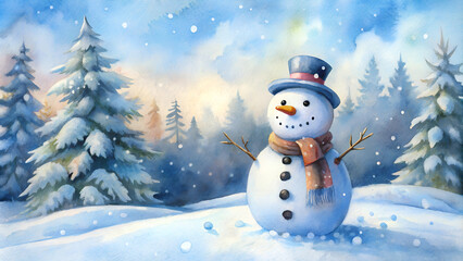 Fototapeta premium Snowman with scarf and hat standing happily in snowy forest during winter season