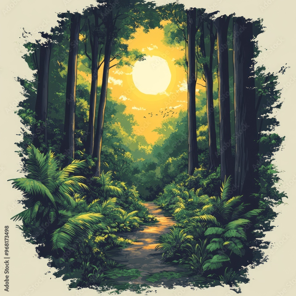 Canvas Prints A serene forest path illuminated by sunlight, surrounded by lush greenery and tall trees.