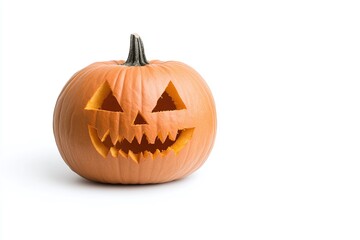 Minimalistic Halloween pumpkin jack-o'-lantern on white background. Perfect for Halloween-themed marketing, banners, or festive promotions with ample copyspace for text or branding.

