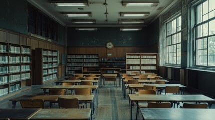 Obraz premium Empty Classroom in an Old Library