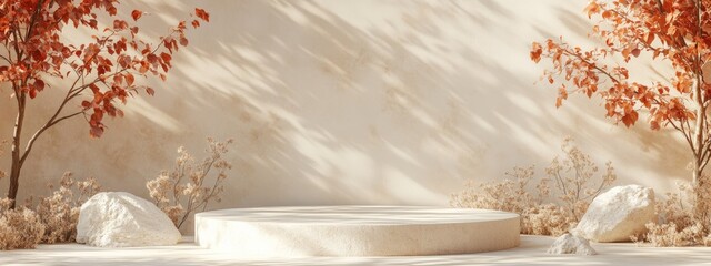 Pastel cream podium with a subtle stone texture against a uniform cream backdrop, creating an organic autumn ambiance. Platform for product presentation