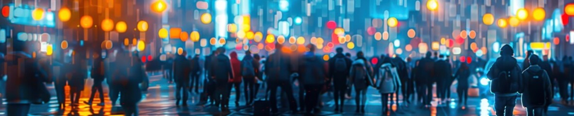 A busy urban scene with anonymous people walking on a rainy street, blurred city lights creating a vibrant night atmosphere. Free copy space for banner.