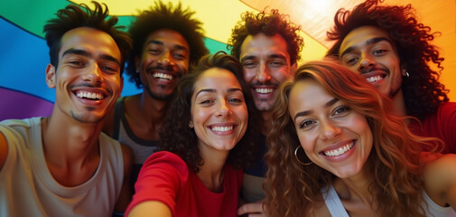 Fototapeta premium A joyful group of friends celebrating together in front of a vibrant rainbow wall during a sunny afternoon. LGBTQ+