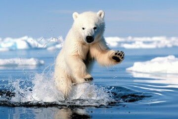 Fototapeta premium Polar bear splashing through icy waters in the Arctic during a sunny day