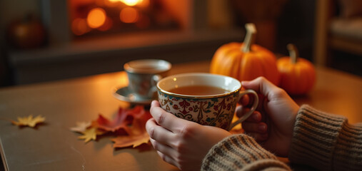 Cozy autumn afternoon with warm tea, pumpkins, and falling leaves by the fireplace