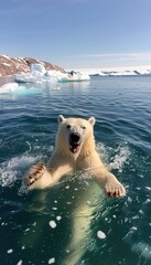 Polar bear swimming in Arctic waters during a sunny day surrounded by icebergs