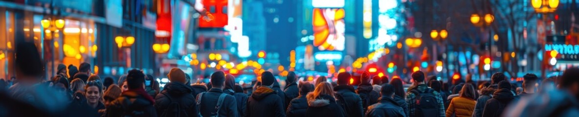 A busy urban scene with anonymous people walking on a rainy street, blurred city lights creating a vibrant night atmosphere. Free copy space for banner.
