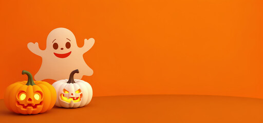 Fototapeta premium Cute Halloween decorations featuring smiling pumpkins and a friendly ghost on an orange backdrop