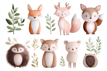 Obraz premium Adorable woodland animals illustration featuring fox, deer, bear, and hedgehog with greenery. Perfect for children's room decor, educational projects, or nature-themed marketing with cute design and s