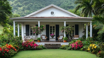 Fototapeta premium A white, wooden, tropical home with a large porch and lush landscaping.
