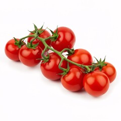 Fresh, vine-ripened tomatoes arranged on a white background showcasing their vibrant red color and natural sheen