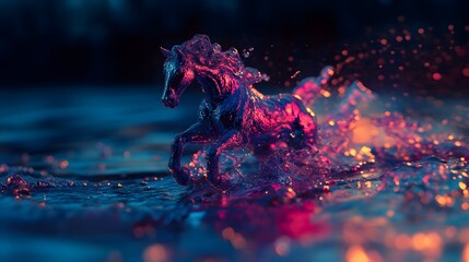 Majestic Glass Horse Made of Water Galloping Through Vibrant Colors