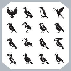 Set of black bird silhouettes and birds collection, bird set design. Eagle, Parrot, Penguin, Owl, Sparrow, Peacock, Flamingo, Hummingbird, Ostrich, Hawk.