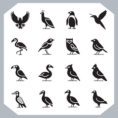 Set of black bird silhouettes and birds collection, bird set design. Eagle, Parrot, Penguin, Owl, Sparrow, Peacock, Flamingo, Hummingbird, Ostrich, Hawk.