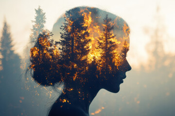 Young woman feeling eco-anxiety because of climate change and wildfires