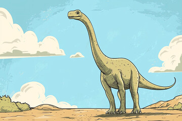 A cartoon style illustration of Diplodocus in scenic landscape