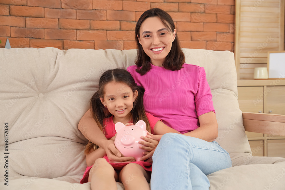 Poster little girl with piggy bank and her mother at home