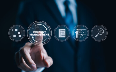 Incident Management, Risk Mitigation Process Concept. Icons represent processes of incident management, risk analysis, strategy planning, resolution tracking, effective business technology solutions,