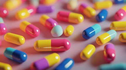 Colorful assorted pharmaceutical pills on pink background