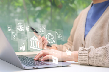 Digital Banking and Financial Technology Concept. A person presents digital banking and financial...