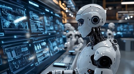 Fototapeta premium An advanced robotics lab with humanoid robots and AI-driven experiments in a sleek, high-tech setting