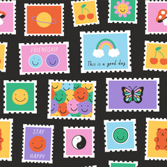 Fun cartoon post card stamp sticker seamless pattern. Trendy doodle icon background with flower, happy face and butterfly. Colorful vintage groovy art label wallpaper, retro 90s emoticon print. 
